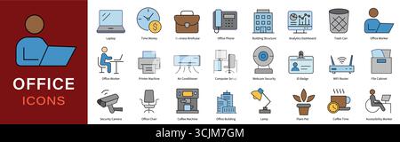 Das Icon-Paket Für Moderne Büromaterialien. Flat Vector Set für Workplace UI und Infografiken Stock Vektor
