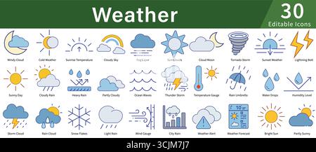 Paket mit flachen Wettersymbolen – 30 bearbeitbare Klimasymbole einschließlich Sonne, Regen, Schnee, Sturm, Wolke für Prognose, UI-Design und Infografiken Stock Vektor
