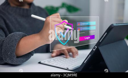 Benutzer, die sich auf einem Tablet mit holografischem Anmeldebildschirm, digitaler Identitätsauthentifizierung und Schutz vor Cybersicherheit für Online-Berechtigungen bei einem sicheren System anmelden Stockfoto