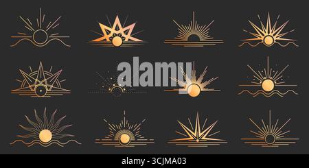 Sonnenaufgangskollektion in Boho-Sonnengold mit geometrischen Strahlen und Horizontlinien für mystisches Branding. Himmlische Embleme mit goldenen Farbverläufen und dekorative Starbursten für Wellness- oder spirituelle Designs. Stock Vektor