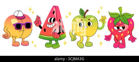 Groovige Comic Fruit Personen im Retro Stil - Pfirsich mit Kappe und Sonnenbrille, Wassermelonenscheibe, grüne Apfel winkende Hand, süße Erdbeere mit Blatt. Lebendige Charaktere für lustiges Kinderdesign. Stock Vektor