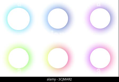 Runder Rahmen mit Lichtverlauf auf weißem Hintergrund. Holografisches Design mit leuchtendem Rand. Moderne, weiche, unscharfe Schablone mit geometrischem Muster. Pastell futuristisch Stock Vektor