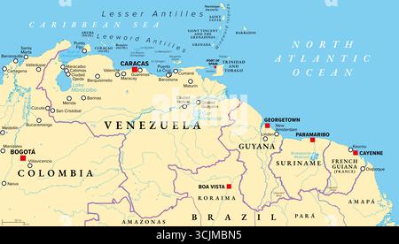 Venezuela und Guayanas, politische Karte, die die geografische Region im Nordosten Südamerikas zeigt. Stockfoto