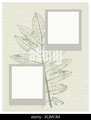 Fotobuch, Vintage Collage mit botanischem Druck, Bilderrahmen, Lorem ipsum Text, Scrapbooking. Weicher Hintergrund in Pastellfarben. Vektorabbildung Stock Vektor