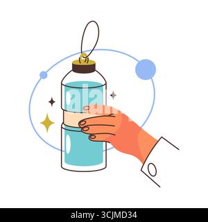 Vektorpalme, die eine Flasche Wasser hält. Abbildung mit sauberer Trinkflüssigkeit oder Symbol eines flüssigen Kunststoffbehälters. Element für Hydration und Trinkgeschirr, gesunde Ernährung und Erfrischung. Aqua und H2O Clipart Stock Vektor