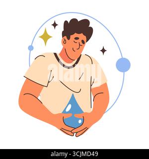 Wasserpflegungs-Schild mit Mann halten Flüssigkeitstropfen. Vektorflüssigkeit Reinheit und Erhaltung, Nachhaltigkeitssymbol. H2O-Tropfensymbol für Umweltschutz und saubere Ressourcen, Ökosystemsicherheit oder Umweltschutz Stock Vektor