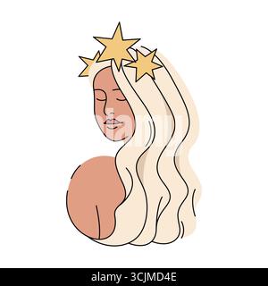 Vektor-Virgo-Sternzeichen oder Himmelsfrauencharakter. Konstellationssymbol für Erdelement. Weibliche oder weibliche Person. Geburtskalender oder mystisches Mädchen. Astrologie oder esoterische, kosmische Ikone. Sternenklare Jungfrau Stock Vektor