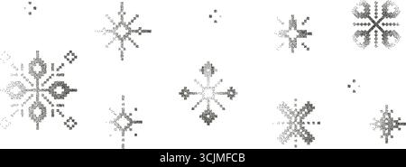 Set mit gepunkteten, körnigen Schneeflocken. Schwarze Gefrierflocken-Sammlung mit Farbverlauf. Verschiedene lärmstrukturierte Weihnachtselemente. Neujahrsschilder halfen Stock Vektor