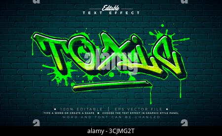 Editierbarer grüner toxischer Graffiti-Texteffekt-Design mit anpassbarer bunter Grunge Hand gezeichneter Street Art-Schriftart auf Ziegelwand-Hintergrund. Vektor Stock Vektor