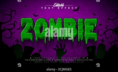 Halloween Zombie Texteffekt Illustration. Editierbarer und skalierbarer Vektor-Grafikeffekt mit grüner Typografie auf dem Gruselfriedhof Stock Vektor