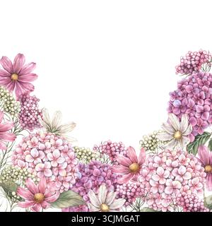 Blumenanordnung von Hortensie, Kosmos, kleinen verschiedenen Blumen und Kräutern. Botanische Illustration mit Aquarell, geeignet für Grußkarten, Hochzeitsdesi Stockfoto