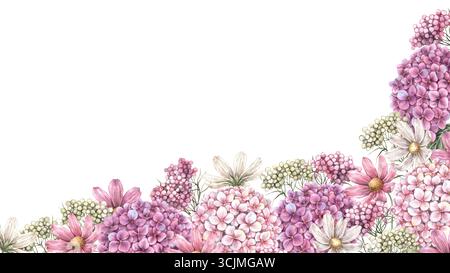 Blumenanordnung von Hortensie, Kosmos, kleinen verschiedenen Blumen und Kräutern. Botanische Illustration von vertikaler Größe, geeignet für Grußkarten, Weddin Stockfoto