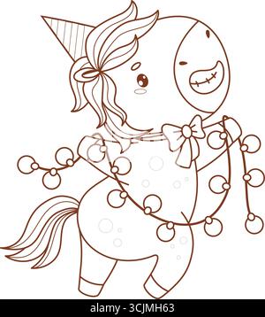 Happy Pony in Birthday Cap with Garland. Lustige Holiday-Cartoon-Kawaii-Tier. Linienzeichnung, Malbuch. Vektorabbildung. 2026 östliche c Stock Vektor