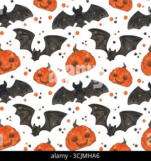 Nahtloses Muster mit schwarzen Fledermäusen und Kürbissen mit Gesichtern. Halloween-Feiertag. Handgezeichnetes Aquarell. Zeichnung für Papier, Textil Stockfoto