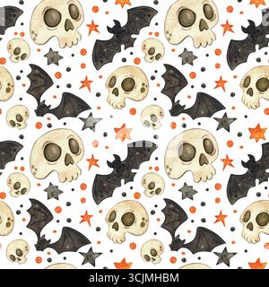 Nahtloses Muster mit schwarzen Fledermäusen und Schädeln. Halloween-Feiertag. Aquarellillustration handgezeichnet. Zeichnung für Papier, Textil, Einladungen. Tier Stockfoto
