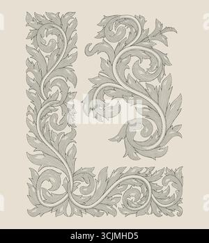 L Anfangsalphabet in floraler Ornamentform und abstraktem Ornament, Vintage Gravur Zeichnung Stil Illustration Stock Vektor