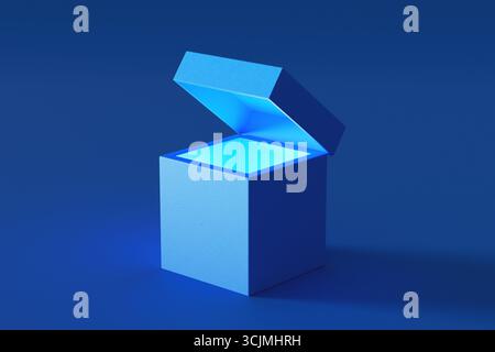 Minimalistisches Rendering einer offenen blauen Geschenkbox, die ein sanftes blaues Leuchten auf einem dunkelblauen Hintergrund ausstrahlt Stockfoto