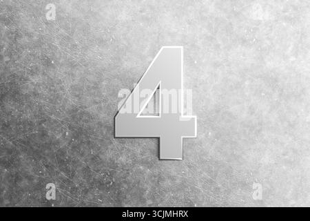 Silberne Metallic-Nummer vier auf einem grauen, zerkratzten Metallhintergrund für ein einfaches, aber wirkungsvolles Bild Stockfoto