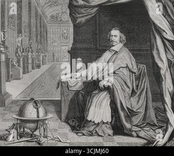 Kardinal Mazarin (Giulio Raimondo Mazzarino) (1602-1661). Italienischer Diplomat, Kardinal und Politiker, der den Königen Ludwig XIII. Und Ludwig XIV. Von Frankreich diente. Porträt von Kardinal Mazarin in seinem Palast, 1659. Stich von Huyot nach Francois Chauveau (1613–1676) und Robert Nanteuil (1623–1678). XVIIme siècle: lettres, Sciences et Arts, Frankreich 1590-1700 (17. Jahrhundert: Briefe, Wissenschaften und Künste), von Paul Lacroix. Veröffentlicht in Paris von Librairie de Firmin-Didot et Cie, 1882. Stockfoto
