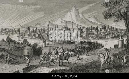 Blick auf Isfahan, Persien, ca. 1673. Gravur. „Voyages de Monsieur le chevalier Chardin en Perse, et autres lieux de l’Orient“ (die Reisen von Sir John Chardin), vom französischen Ritter und Entdecker Jean Chardin (1643-1713). Druckausgabe in Amsterdam, chez Jean-Louis de Lorme, 1711. XVIIme siècle: lettres, Sciences et Arts, Frankreich 1590-1700 (17. Jahrhundert: Briefe, Wissenschaften und Künste), von Paul Lacroix. Veröffentlicht in Paris von Librairie de Firmin-Didot et Cie, 1882. Stockfoto