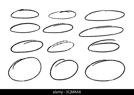 Satz handgezeichneter Ellipsen und Ovale im Skizzenstil, schwarze Markierungskreise und Blasen zum Hervorheben von Text. Perfekt für Notizen, Beschriftungen und c Stock Vektor