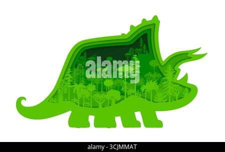 Triceratops Dinosaurier-Silhouette mit prähistorischer Dschungelwald-Landschaft. Vektor 3D jurassic Dinosaurier Tierrahmen mit Papier geschnittenen grünen Pflanzen, alten Kiefern und Palmen Natur Hintergrund Stock Vektor