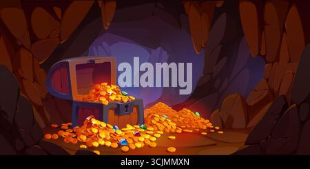 Piratenschatzhöhle mit Holzkiste, goldenen Münzen und Kristalljuwelen, die von einem offenen Stamm umgeben sind, umgeben von zerklüfteten Felsen. Der Hintergrund der Comic-Vektor-Spielszene erinnert an Abenteuer und verborgene Reichtümer Stock Vektor