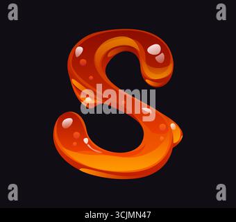 Süßer Honigcartoon Schriftart Buchstabe S. leckerer Bernstein Fluss Zeichentrick Schriftart Buchstabe, süßer Süßigkeiten Vektor Typ Element. Flüssiges Karamell, englisches Alphabet oder gelbes Honig-ABC-Schriftzeichen Stock Vektor