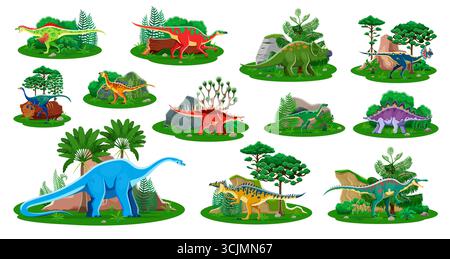 Dinosaurier-Zeichentrickfiguren und prähistorische Naturlandschaften, Vektor-jurassic-Dino-Tiere. Niedlicher Neovenator, Avaceratops, Raptor und Anatotitan, Kentrosaurus und suchomimus Dinosaurier, Palmen und Felsen Stock Vektor