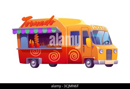 Kartoffel Tornado Street Food Truck Auto, Vintage Festival Foodtruck Van. Cartoon Retro-Café mit Rollen und Spiral-Pommes-Spießen. Der Vector Fahrzeugstand verfügt über einen offenen Kochbereich und eine gestreifte Markise Stock Vektor