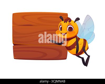 Cartoon süße Honigbiene Figur, die auf hölzerne Schilder zeigt. Fröhliche Vektorbiene Insektenfigur mit großen Augen, lächelndem Gesicht, transparenten Flügeln und flauschigem Körper, der Aufmerksamkeit für Nachrichten schenkt Stock Vektor