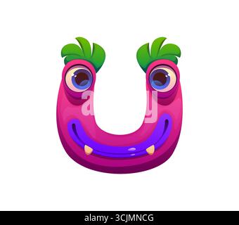 Bizarrer Monster Charakter Zeichentrickschriftbuchstabe U. seltsame Bugaboo Kreatur englisches Alphabet Symbol, bizarrer Vogelscheuchen Zeichentrickfilm Vektor Kinder ABC Typ Buchstabe. Verrücktes Fantasy-Monster-Schriftzeichen Stock Vektor