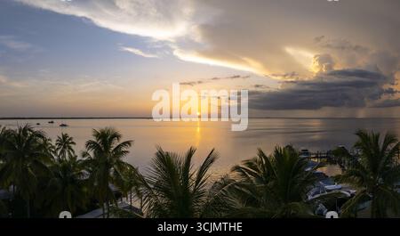 Der Blick aus der Vogelperspektive auf das strahlende Licht der Sonne zeigt das ruhige Wasser in goldenen Tönen, umgeben von grünen Palmen und einem dramatischen Himmel, Key Largo, Florida, USA. Stockfoto