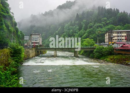 Atemberaubender Wald- und Flussblick auf die Schwarzmeerregion Karadeniz im Norden der Türkei Camlihemsin Cat Village in Rize Türkei Stockfoto