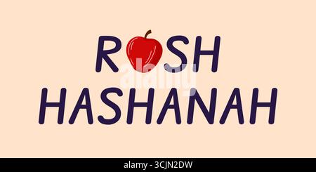 Rosh Hashanah Feiertagsgrußbanner mit ganzer rotem Apfel in festlicher Botschaft auf beigem Hintergrund in flachem Stil. Stock Vektor