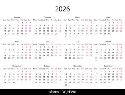 Kalenderlayout Jahr 2026 mit hervorgehobenen Tagen zur einfachen Referenz. Stock Vektor