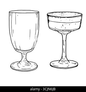 Eleganter Cocktail, Martini- oder Likörgläser, Schwarzweiß-Skizze. Vektorabbildung. Ein Geschirr für eine Bar oder einen Nachtclub, isoliert auf einem Wi Stock Vektor