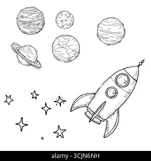 Spielzeug Raumschiff, Planeten und Sterne Skizze in schwarz-weißer Tinte. Vektorabbildung. Fliegendes Spielzeug für Kinder, Raum, isoliert auf weißem Hintergrund. Für bestell Stock Vektor
