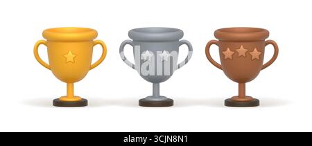 3D-Trophäenbecher in Gold-, Silber- und Bronzefarben Stock Vektor