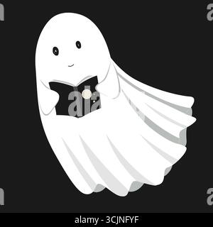 Niedliches Gespensterbuch unterwegs. Fliegende Phantom-Geister, die mit Roman fliegen. Halloween Charakter isolierte Vektor-Illustration Stock Vektor