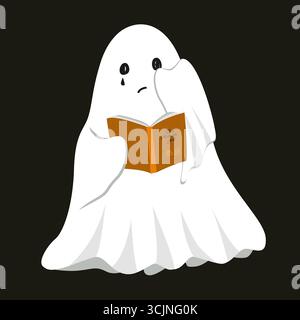 Niedliches Gespensterbuch, das über die Geschichte weint und die Tränen mit einem Laken abwischt. Sentimentaler Phantomgeist sitzt mit Roman. Halloween-Charakter Stock Vektor