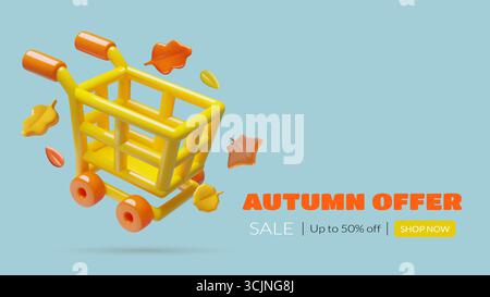 3D-Warenkorb mit Herbstlaub-Saison-Angebot und Rabatt-Hintergrund Stock Vektor