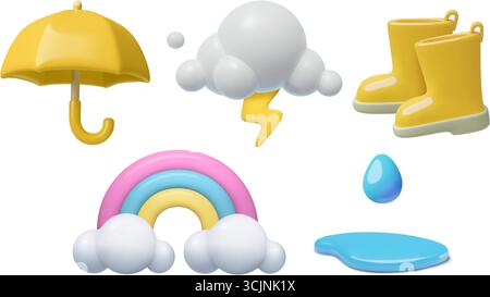 3D-Symbole für regnerisches Wetter. Regenschirm Gummistiefel Regenwolke mit Blitz und Regenbogen Stock Vektor