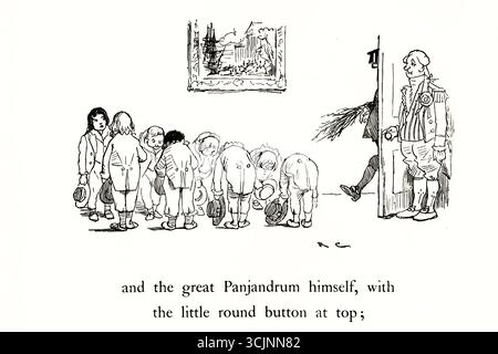 Der große Panjandrum selbst ist einer von sechzehn Bilderbüchern, die der Illustrator Randolph Caldecott schuf. Der Text für das Buch, der zu Caldecotts Zeit bekannt war, wurde 1775 von Samuel Foote geschrieben und veröffentlicht. Es basiert auf einem von Foote verfassten Unsinn ("und es gab die Picninnies, die Joblillies, die Garyulies und das Grand Panjandrum selbst, mit dem kleinen runden Knopf oben."). Stockfoto