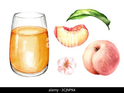 Glas Pfirsichsaft und reife Pfirsiche Set. Handgezeichnete Aquarellillustration isoliert auf weißem Hintergrund Stockfoto