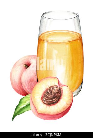 Ein Glas Pfirsichsaft und reife Pfirsiche. Handgezeichnete Aquarellillustration isoliert auf weißem Hintergrund Stockfoto