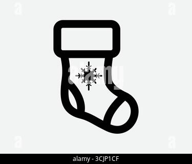 Weihnachtsstrumpf Icon Weihnachtszeit Socken Socken Winter Schneeflocke Schneeflocke Dekoration Dekor Tradition Kleidung Stoff Schwarz Linie Umrisssymbol Stock Vektor