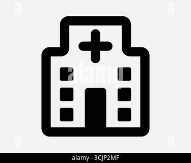 Hospital Clinic Health Building Line Symbol für das Gesundheitswesen und Medizin für die Patientenversorgung. Grafische Darstellung des Behandlungszentrums mit medizinischem Kreuz Stock Vektor