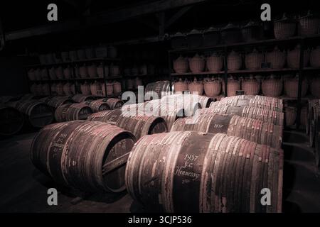 Hennessy Alterung Lager, wo die Eaux-de-vie in Eichenfässern reifen vor dem mischen. Stockfoto