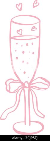 Sektglas mit Schleifenband und funkelnden Herzen in Coquette-Kern-Ästhetik. Linie handgezeichnete skurrile pinkfarbene Clip-Art für Valentinstag, Hochzeit oder Stock Vektor